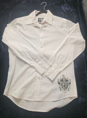Source DNM Men's Medium White Graphic Button Front Shirt Fleur De Lis Wings